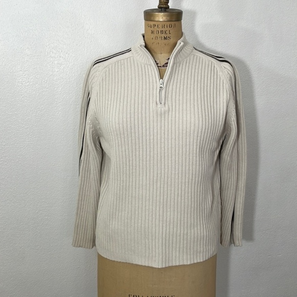 Vintage beige sweater with dark brown stripe accent on sleeves